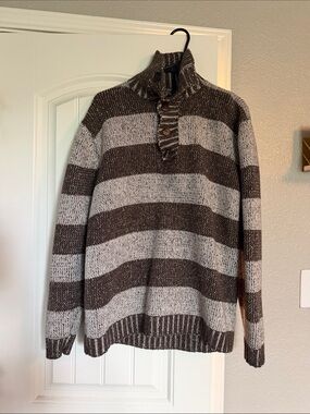 Men's Striped Turtleneck Pullover Sweater in Brown and Cream